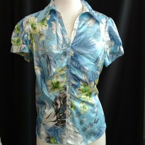 Blue Floral Satin Short Sleeved Blouse - B Moss